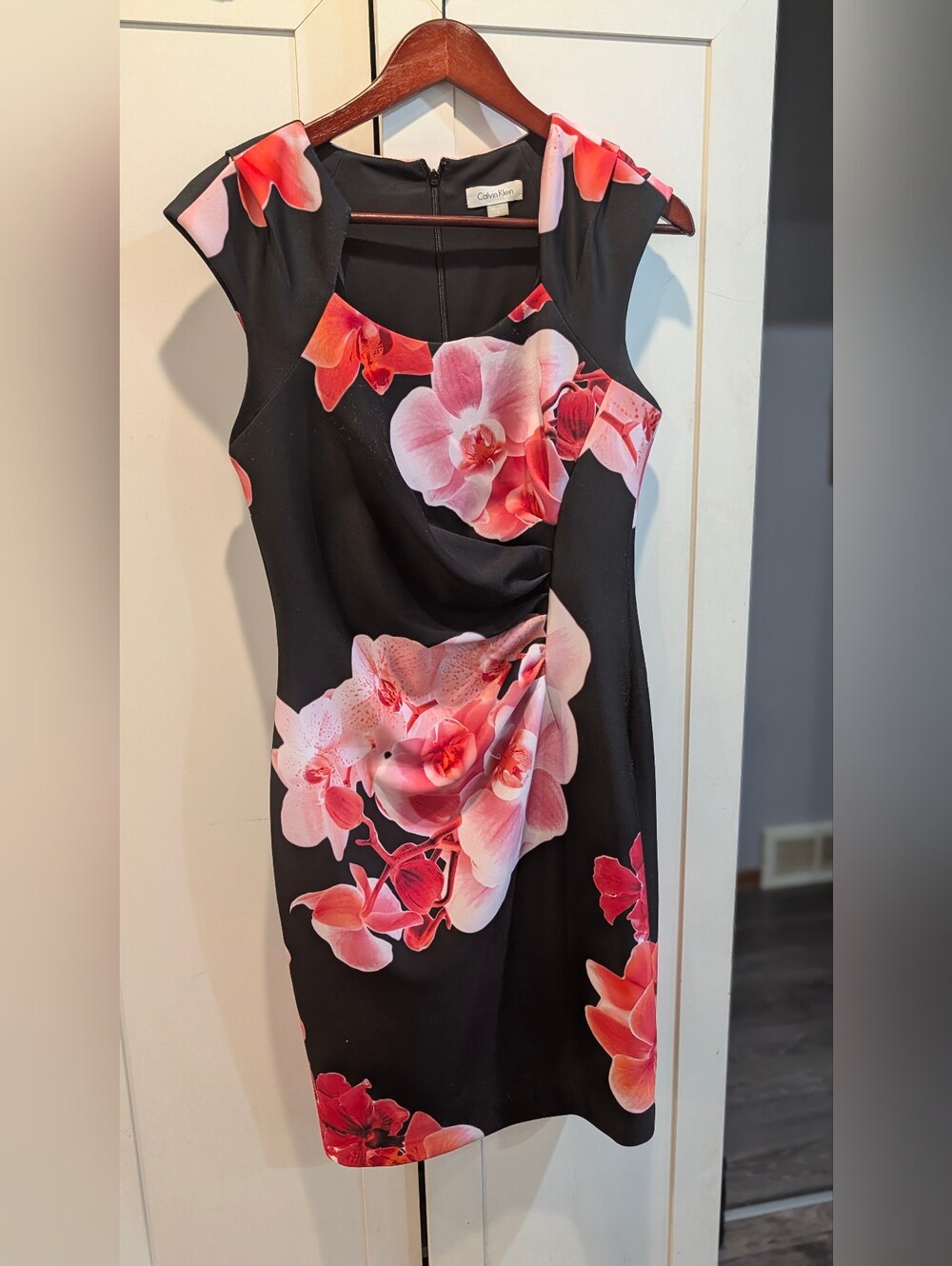 Calvin Klein Black Floral Sheath Dress with Pink Orchids